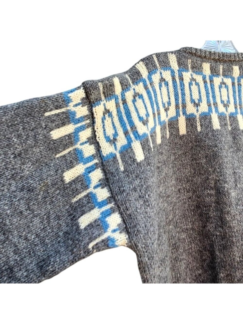 Vintage Hand Knit Nordic Wool Cardigan Gray Geometric Unisex XL - Picture 13 of 15
